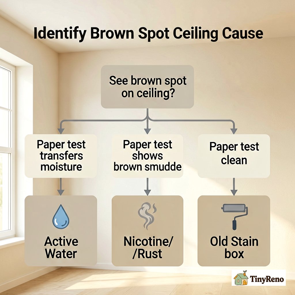 Step-by-step decision diagram showing how to identify the source of a brown spot on the ceiling using visual and tactile tests