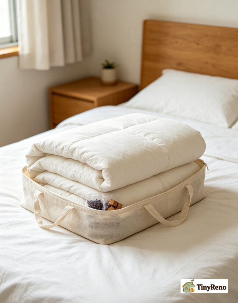 Rental bedroom linen area, folded quilt placed inside breathable cotton storage bag, cedar block tucked inside fold, leaving 20% empty space inside bag.