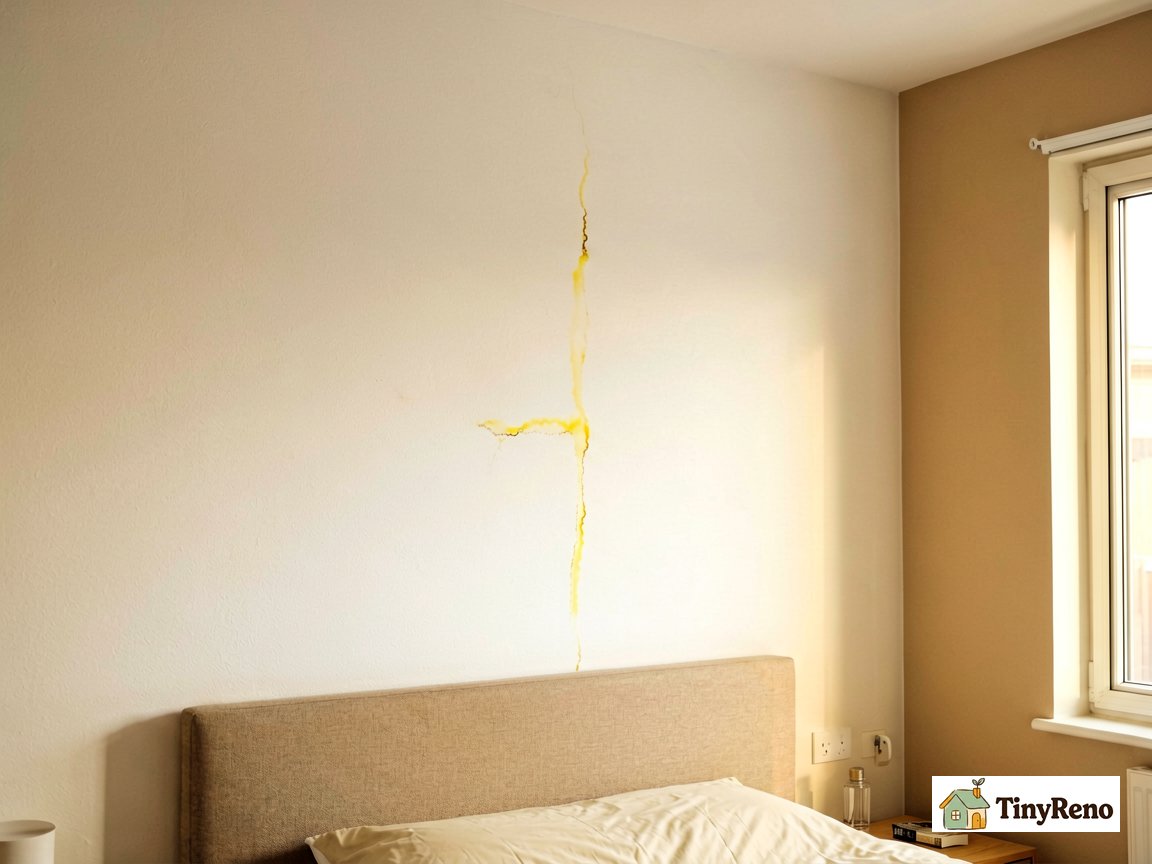 Identify a nicotine stain on a wall: yellow streak bleed-through on a white apartment wall above a bedroom headboard, soft warm light