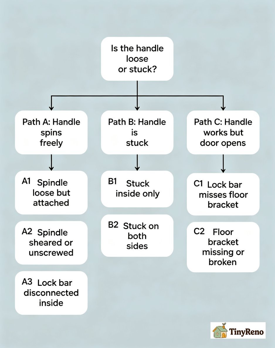 Decision tree diagram branching from 'is the handle loose or stuck' into three main paths with sub-scenarios for T-handle garage door lock failures.