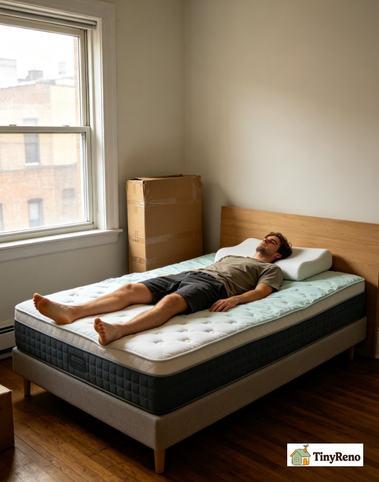 Three distinct box‑compressed mattresses resting inside small rental one‑bedroom apartments, memory‑foam and hybrid mattress boxes, casual lived‑in apartment background, illustrating three renters real‑world buying story.