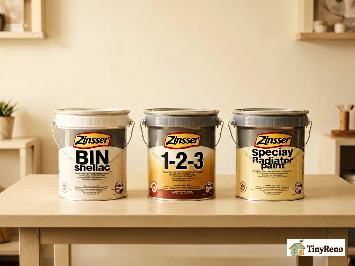 Compare three renter primer products side by side: shellac primer, stain-blocking primer, and radiator heat-resistant paint, soft warm light