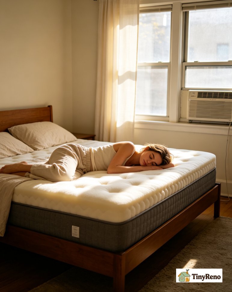 Caucasian man lying supine on 10‑inch gel memory foam mattress, neutral pelvic spinal alignment, cooling mattress pad laid on top, third‑floor walk‑up bedroom interior.