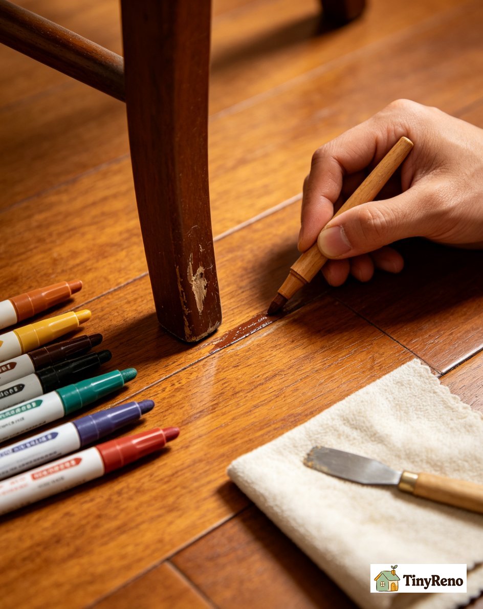 Chair‑leg medium‑depth floor scuff repair, applying pigmented wood‑filler pencil, buffing surface with soft cloth, demonstrating colour‑matching for visible scuffs.
