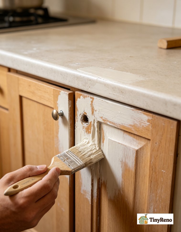 Filling cabinet dents and deep screw holes with two-part wood filler; applying coat of Zinsser BIN stain-blocking primer over patched bare veneer cabinet.