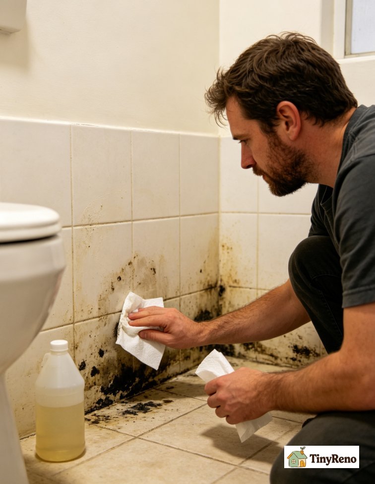 Caucasian renter doing paper towel moisture test on fuzzy black mold cluster near floor; wiping dry mildew on bathroom wall with vinegar-water solution.