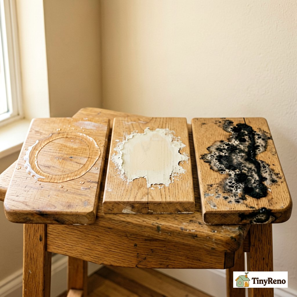 Compare stain types: three side-by-side wood window stool samples showing water ring, soft varnish failure, and corner mold ribbon with diagnostic labels
