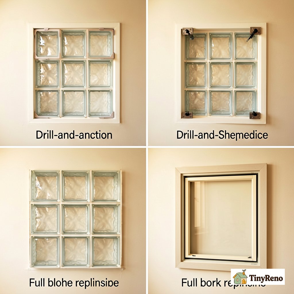 Identify the install type: a four-tile grid diagram comparing renter glass block window vent options from clip-on to full block replacement