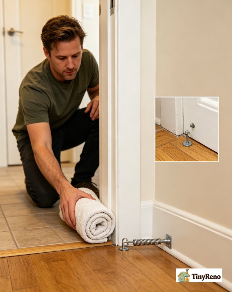 Identify a brass spring door stop screwed into a baseboard: a renter fix that absorbs door impact without wall damage