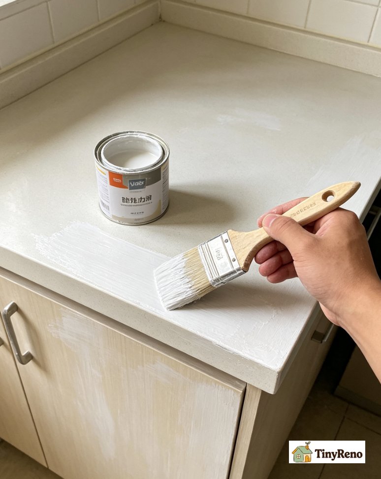 Demonstrate a shellac bonding primer application: brushing primer onto a beige wall section to seal latex before oil-based paint topcoat