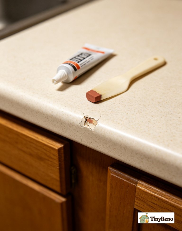 Identify a Seamfil tube next to a chipped laminate counter edge: a renter-friendly $14 fix for kitchen counter chips before move-out