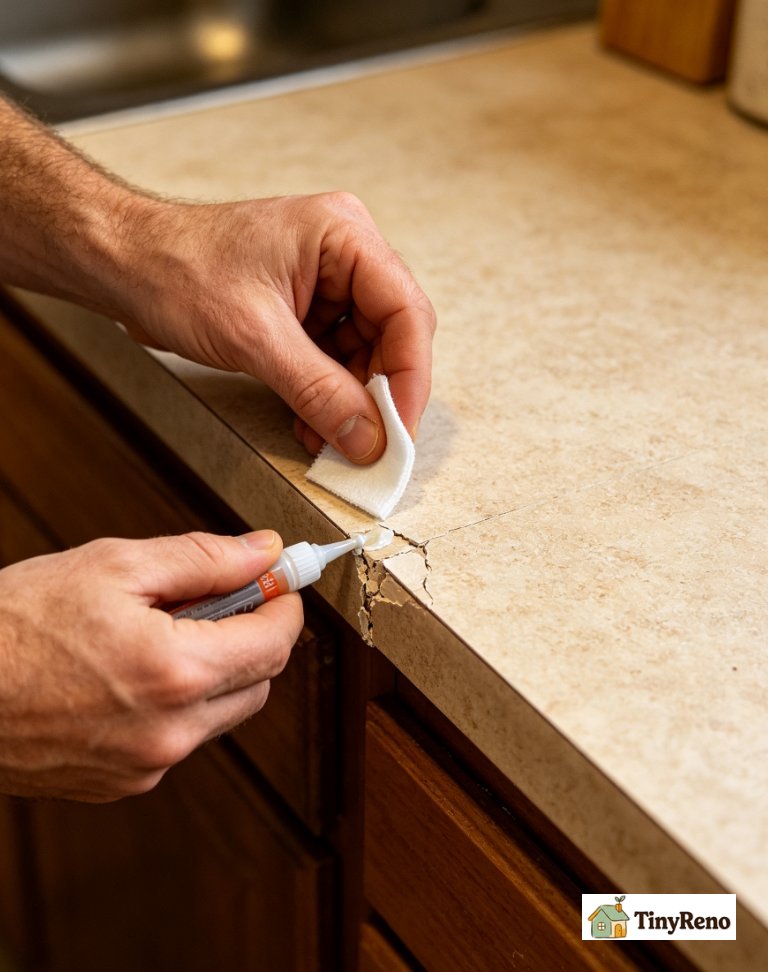 Demonstrate applying Seamfil to a counter seam gap: small plastic putty knife smoothing the filler along an 18-inch backsplash seam