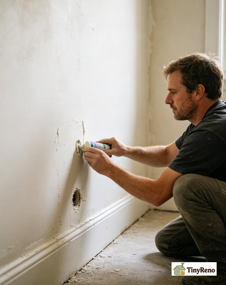 Caucasian renter repairing drywall nail hole, wall dent, gouged baseboard, anchor hole and static drywall crack with spackle; sanding smooth after curing.