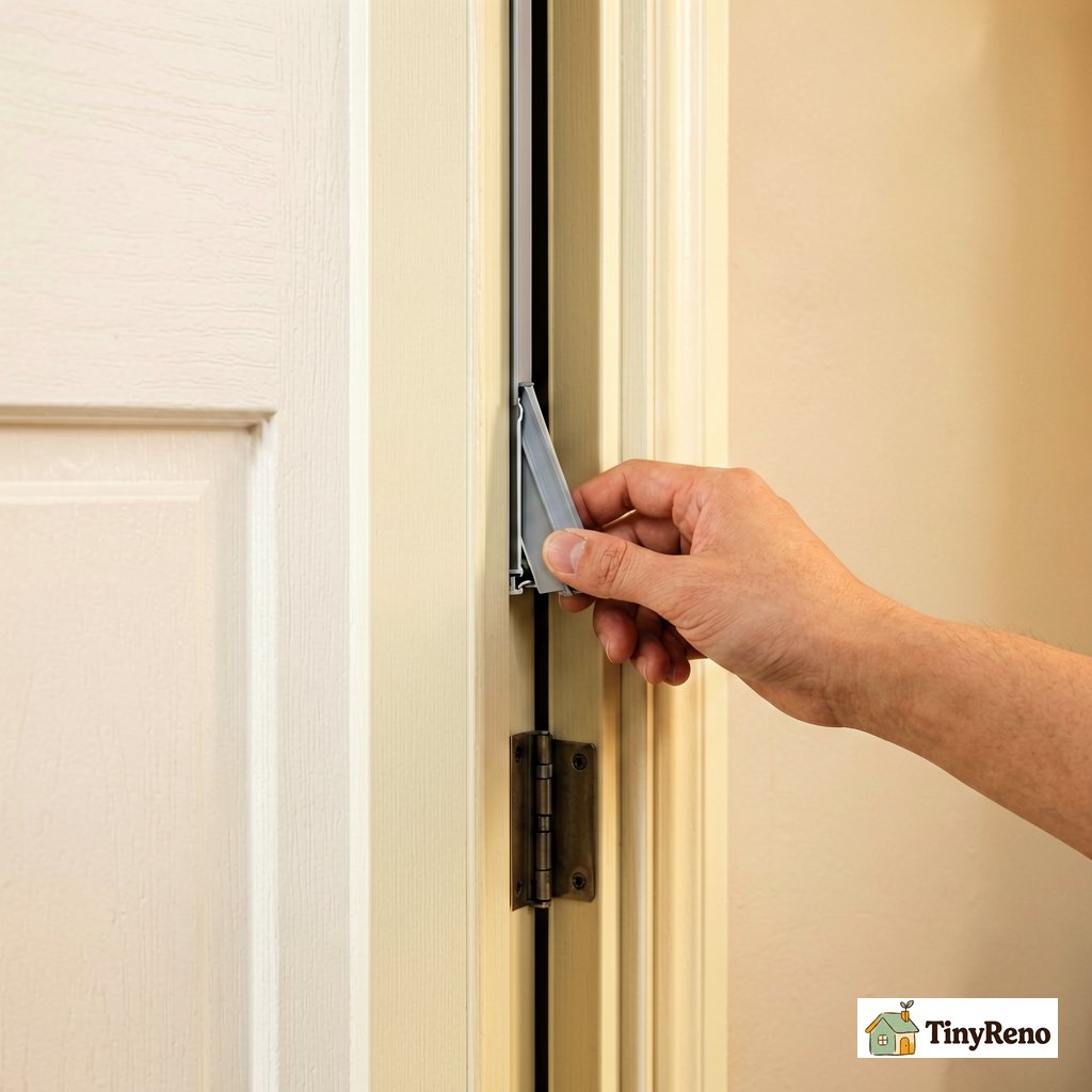 Step-by-step kerf weatherstripping install on a door frame, showing how the kerf fin slides into the slot from bottom hinge side to top, no tools required