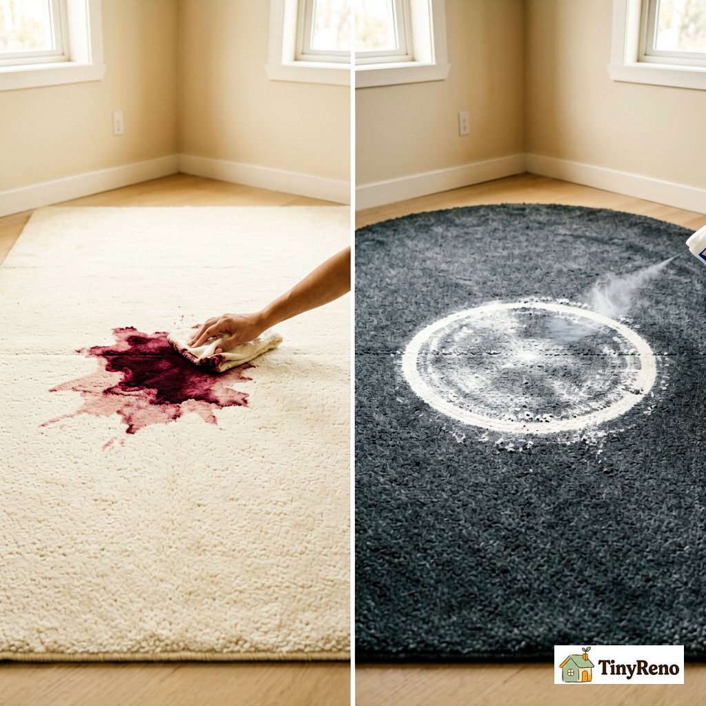 Identify the hydrogen peroxide color-fastness trap: a side-by-side comparison of how peroxide removes wine stain on a light rug versus how it removes dye from a dark slate gray wool-poly blend rug