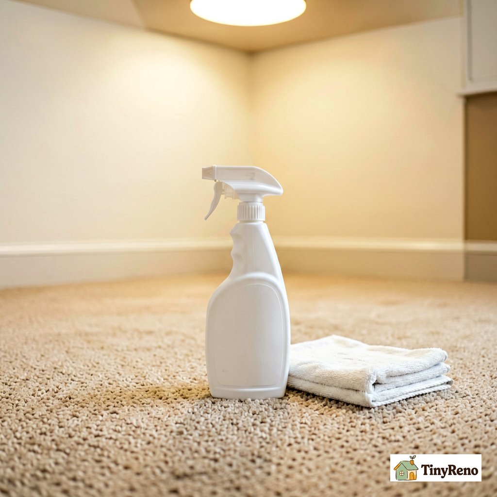 A white spray bottle misting carpet solution onto a beige carpet, microfiber cloth folded next to it, soft warm overhead light.