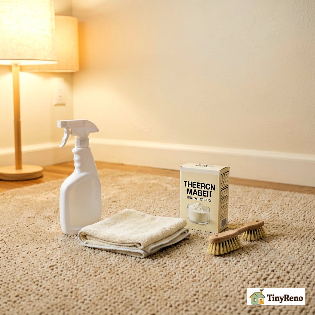 Four cleaning tools laid out on a beige carpet: white spray bottle, microfiber cloth, baking soda box, small scrub brush.