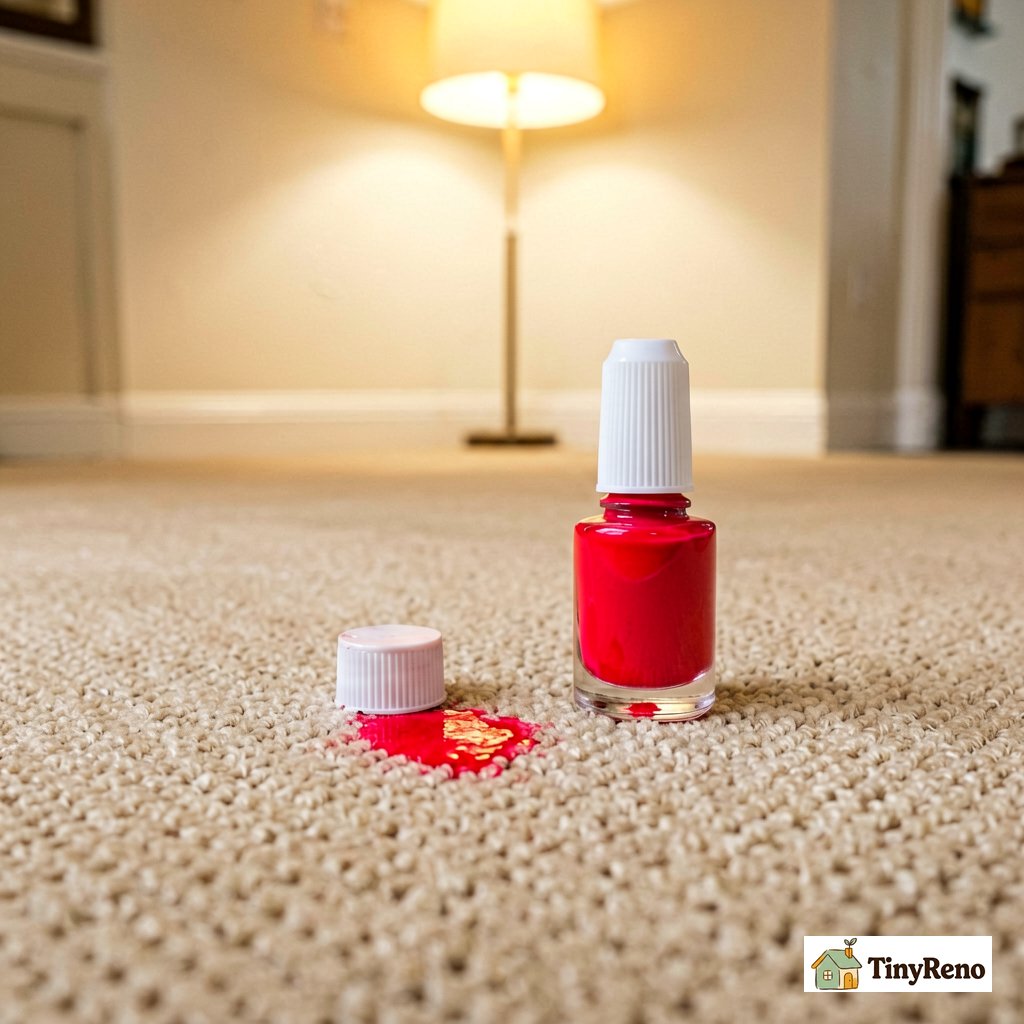 A bright red fingernail polish stain on beige apartment carpet next to an acetone bottle cap, half a palm wide, soft warm lamp light.