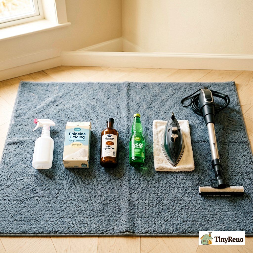 Compare the six DIY carpet cleaning methods: a matrix table comparing dish soap and vinegar, baking soda pre-treat, hydrogen peroxide, club soda, iron heat transfer, and professional hot water extraction by cost time best use and repeat-after-one-week performance