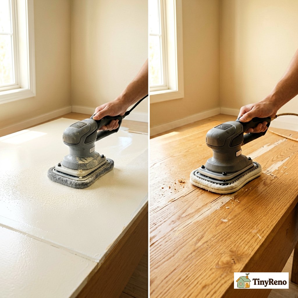Identify the buffer-and-screen recoat method: a 240-grit screen scuffs the existing finish so new polyurethane bonds mechanically, illustrated as a side-by-side comparison of recoat adding material versus refinish removing it