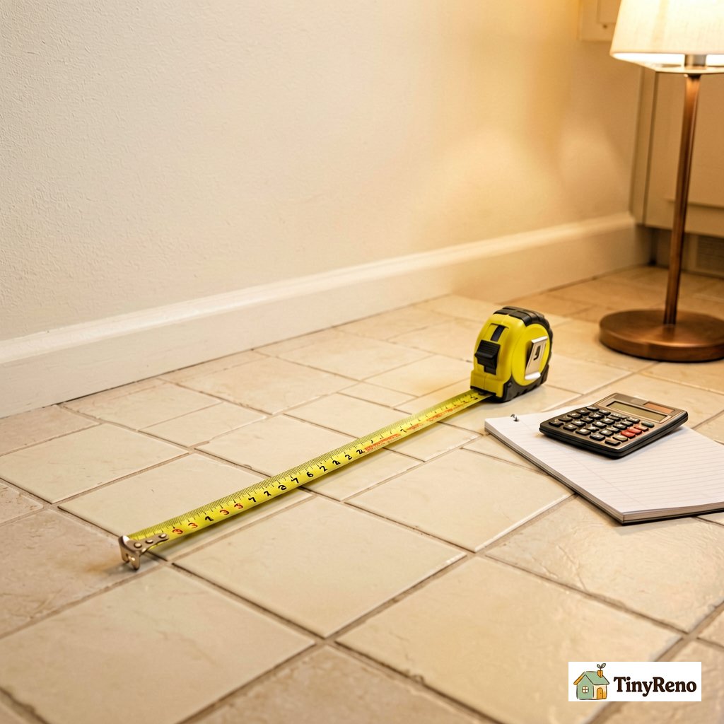 A tape measure stretched across a kitchen floor next to 12 x 12 porcelain tile boxes, calculator and notepad in soft warm lamp light.