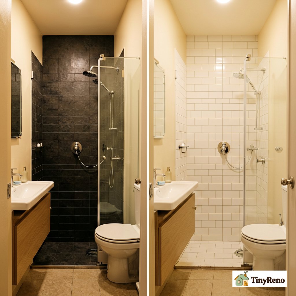 A side-by-side comparison of two small bathrooms, one with dark tile and one with white subway, showing perceived space difference.
