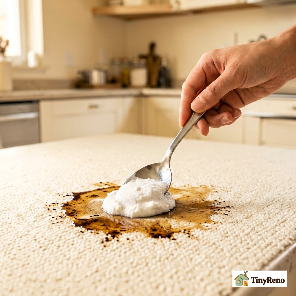 Baking soda paste being pressed into a damp coffee stain with a spoon, kitchen counter in background, off-white carpet, soft warm lighting.