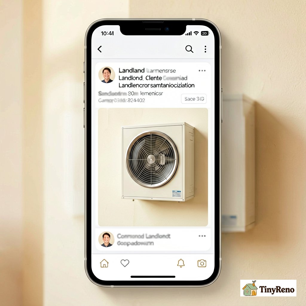 A phone showing a screenshot of an email thread with a landlord plus a small dryer's exterior wall box with a clean screen