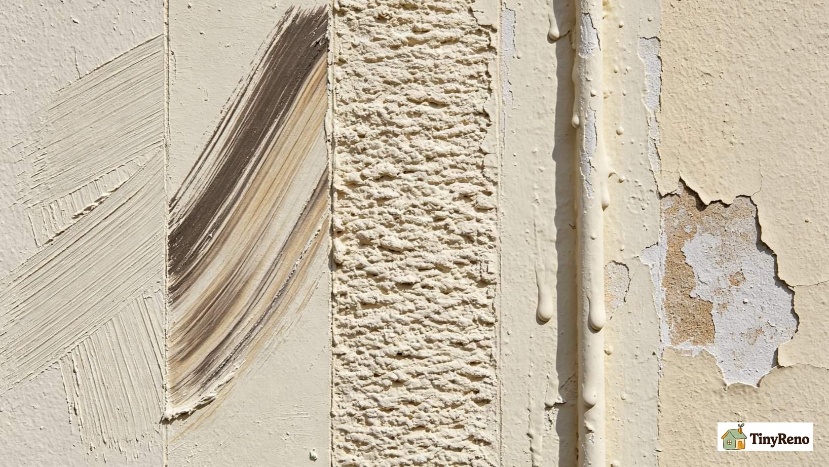 Close-up wall surface with 5 marked paint defects: brush marks, lap marks, heavy roller stipple texture, cured paint drip, missed bare spot holiday; side-by-side detail view of each flaw.