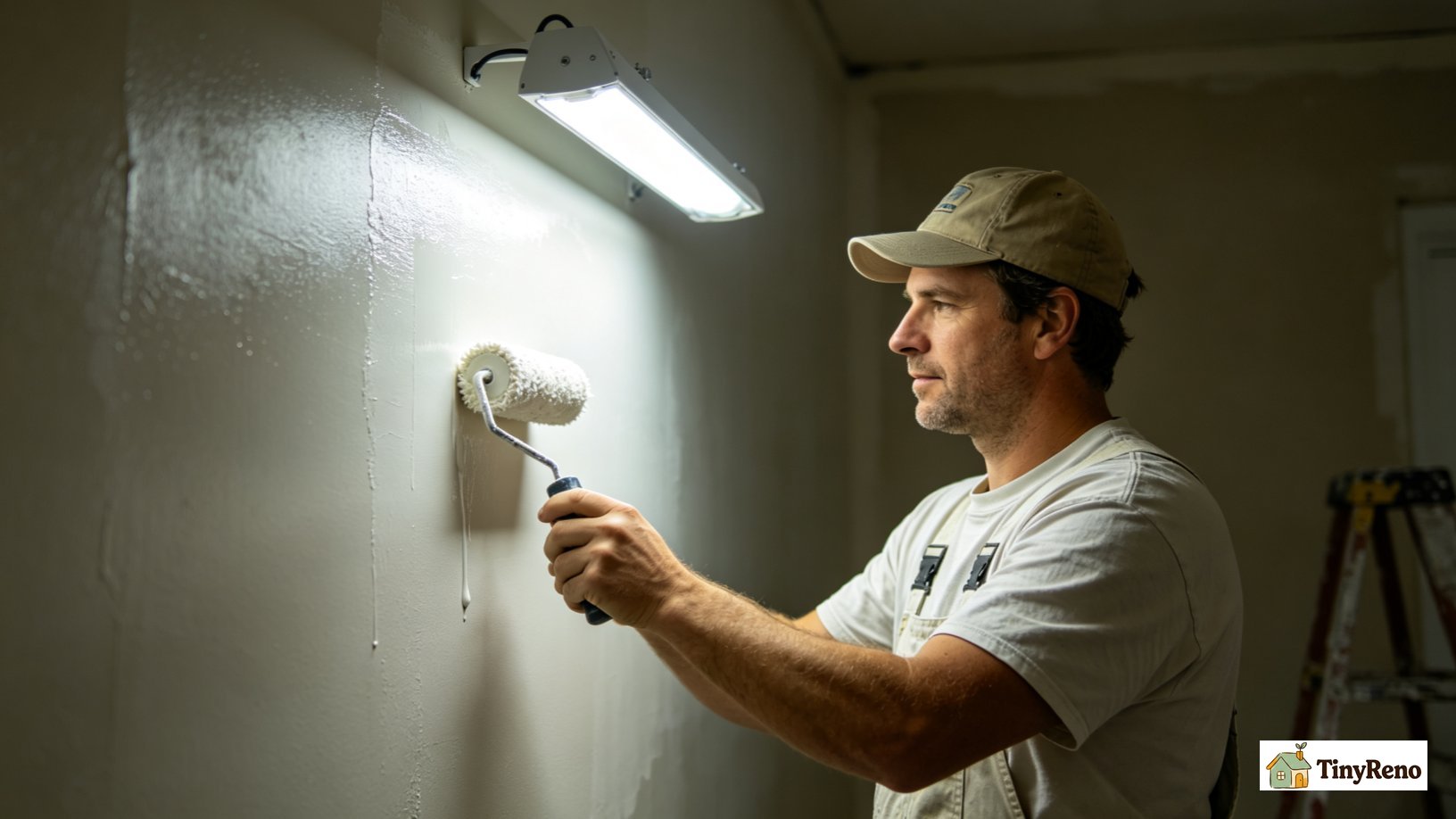 Painter using 5000K raking LED work light across wet paint wall; quick demo sequence: checking wet edges, wiping fresh paint drip immediately, inspecting wall surface before painting.
