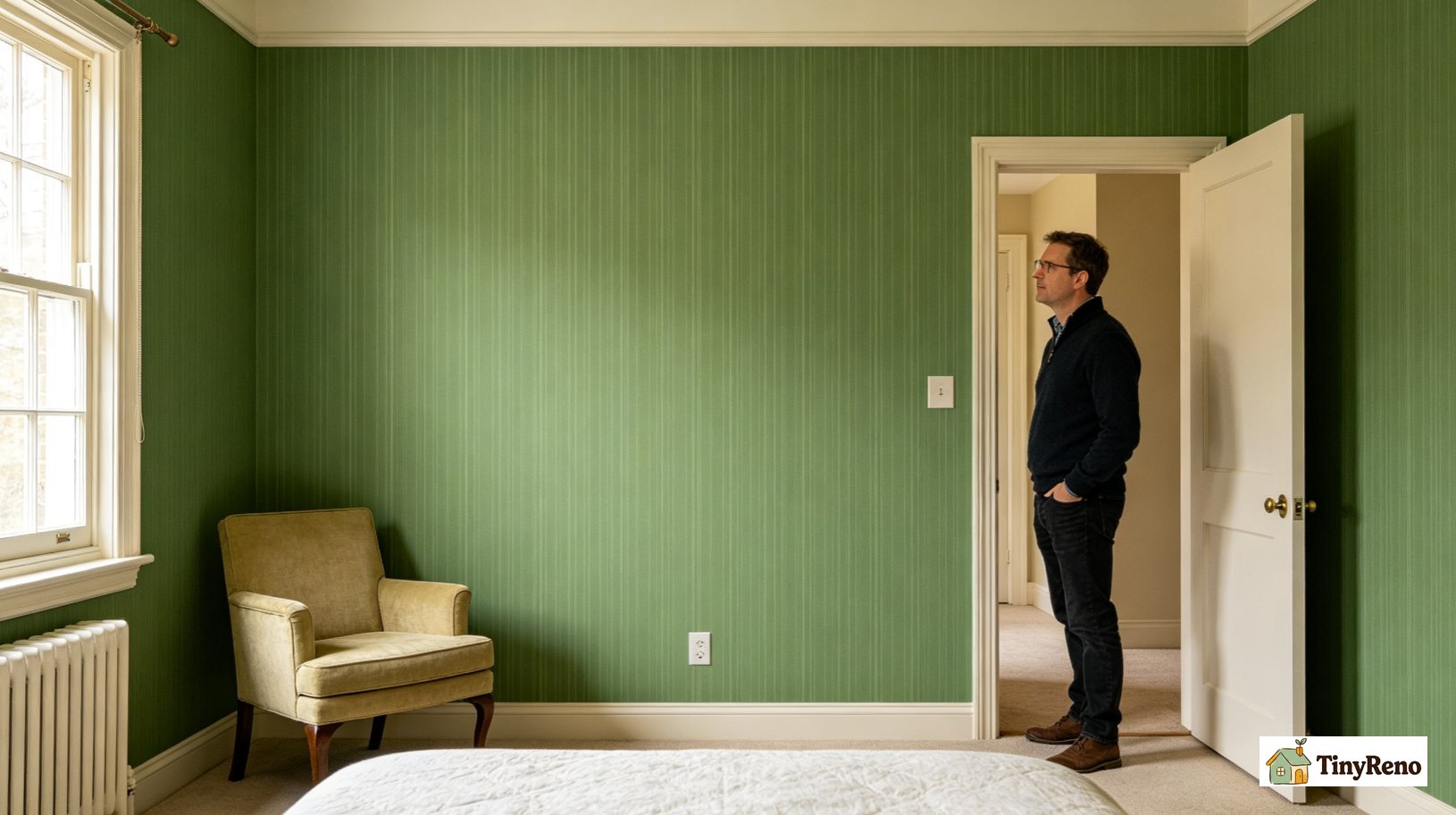 Bedroom scene showing visual effect: thin 3mm pinstripe appears almost solid green from 12ft away; same pinstripe clearly visible at 6ft, illustrating how viewing distance affects stripe visibility.