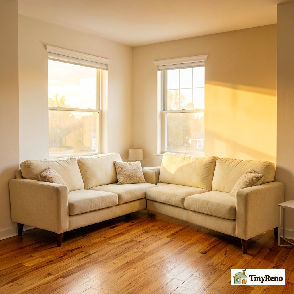 A sunlit living room of a small apartment with warm hardwood floor and soft golden late afternoon light coming through the window