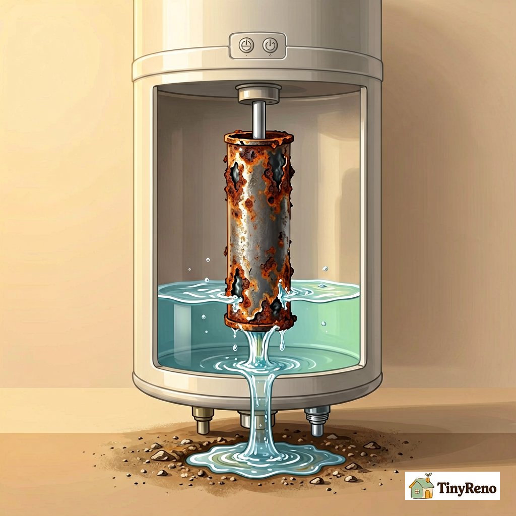 Cutaway view of a failed electric water heater heating element showing corroded outer sheath and water seepage creating a path to ground