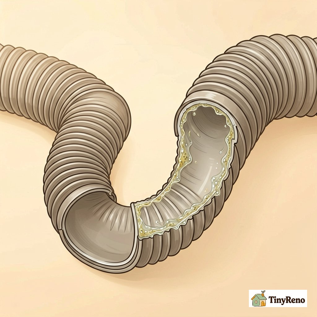 Cutaway view of a dishwasher drain hose showing the slimy black biofilm layer on the inner wall where sulfur-reducing bacteria live and produce hydrogen sulfide gas