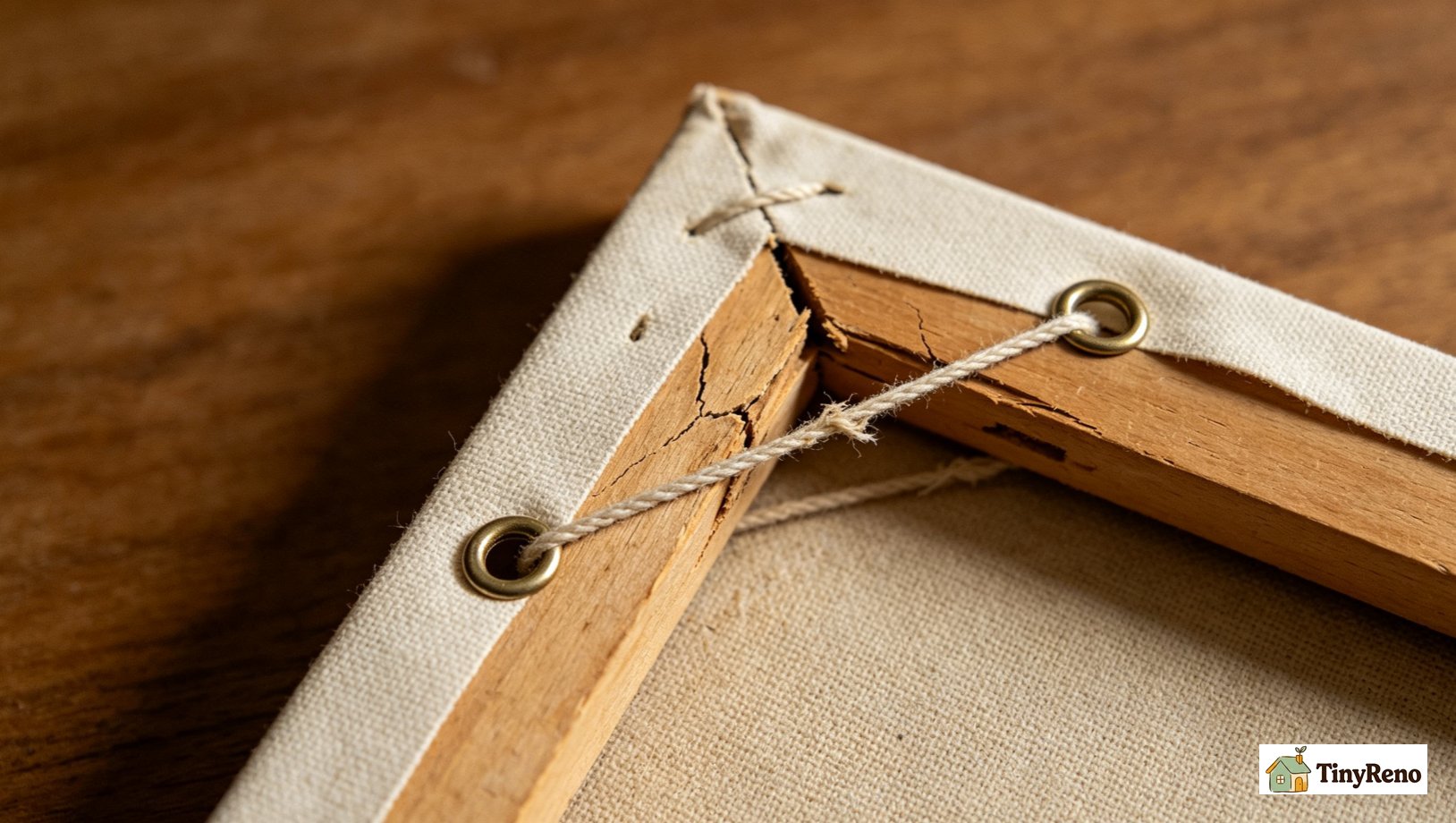 Close-up of canvas back; loose corner joint on wood stretcher bar caused by long-term swinging from single nail, fatigued thin factory picture wire at D-ring connection.