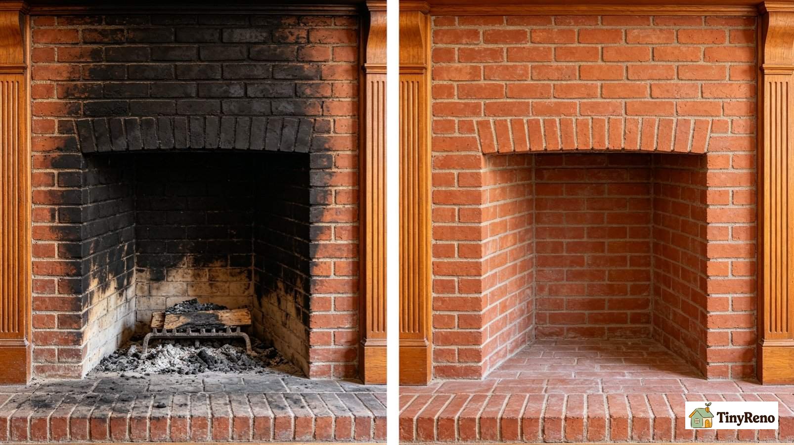 Side by side: heavily soot-covered brick before cleaning; restored red brick after dry brush, TSP wash and siloxane masonry sealer application.