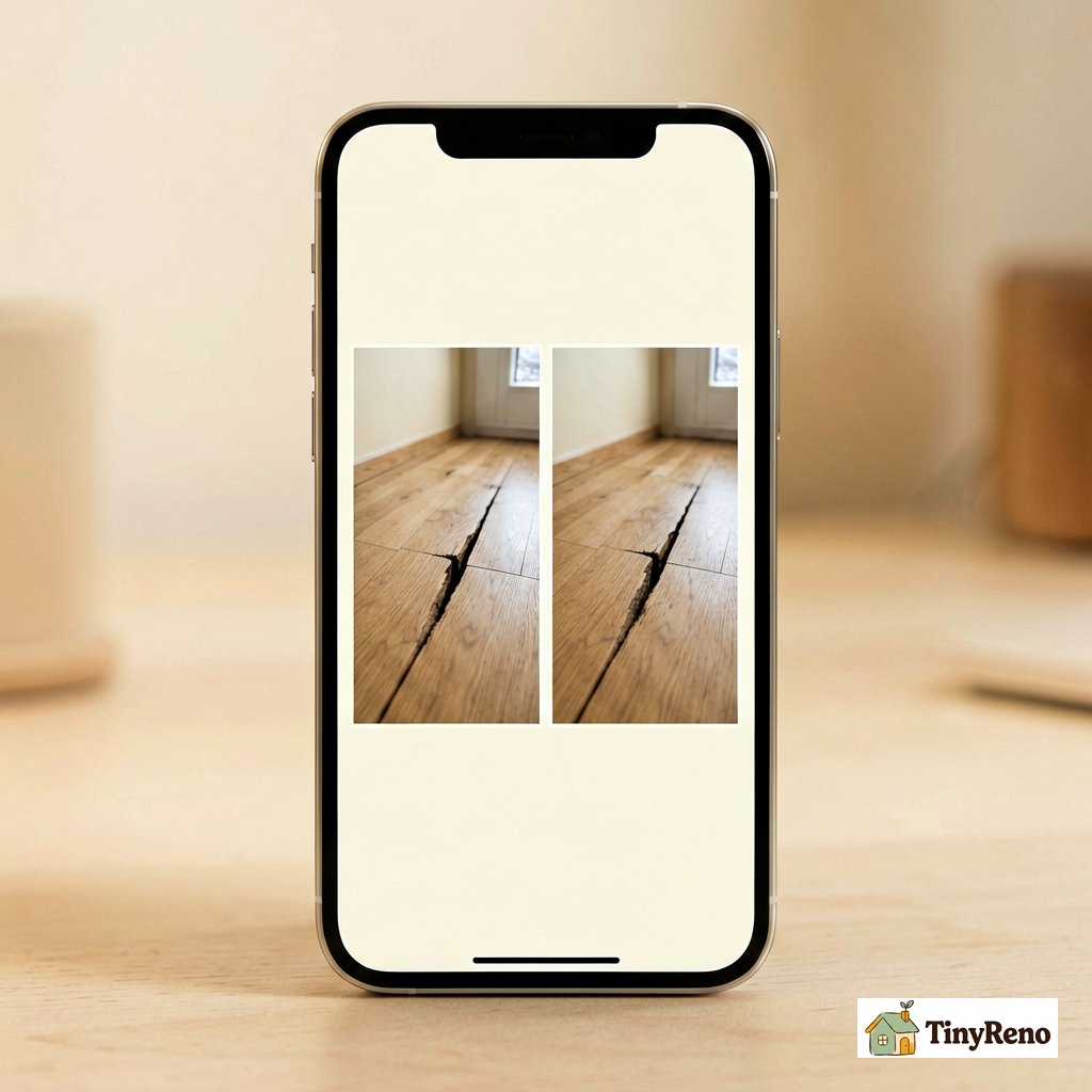 A phone screen showing dated humidity log photos side by side, each with a hardwood floor gap visible in winter light, neutral desk background