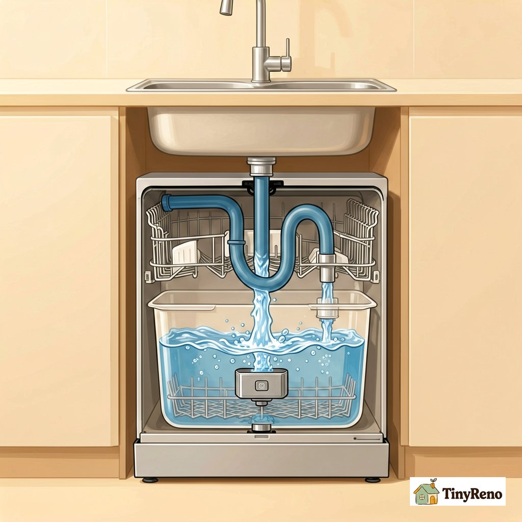 Cross-section diagram of a dishwasher drain hose making a high loop under the sink cabinet showing how water cannot siphon backward past the high point