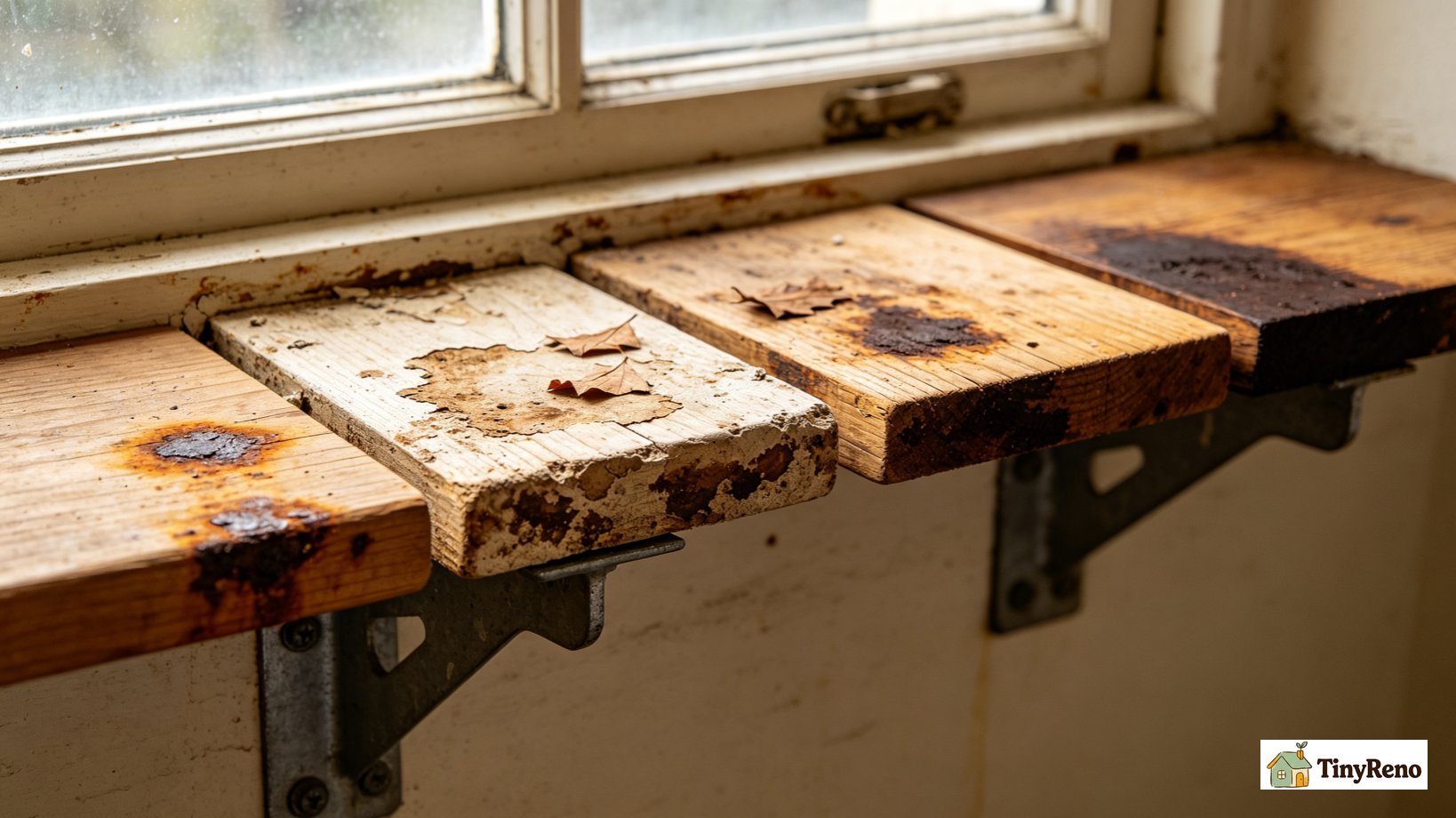Side-by-side wooden sill panels showing four distinct brown stains: rust stain under metal bracket, irregular mold stain at sill-wall corner, tannin leaf stain, dark water-damaged wood stain.