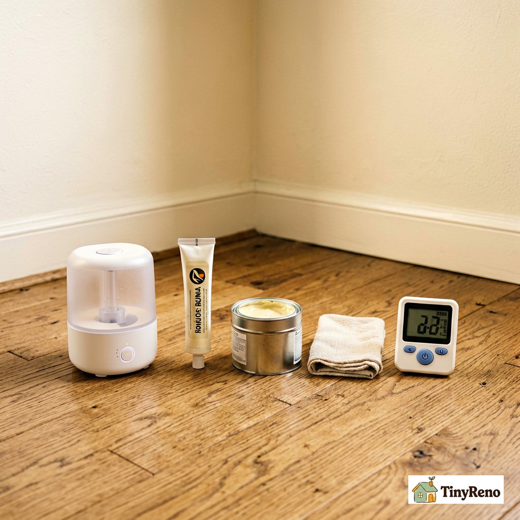 Five renter repair tools laid out on wood floor: small humidifier, tube of rope caulk, tin of wood putty, cloth, and hygrometer