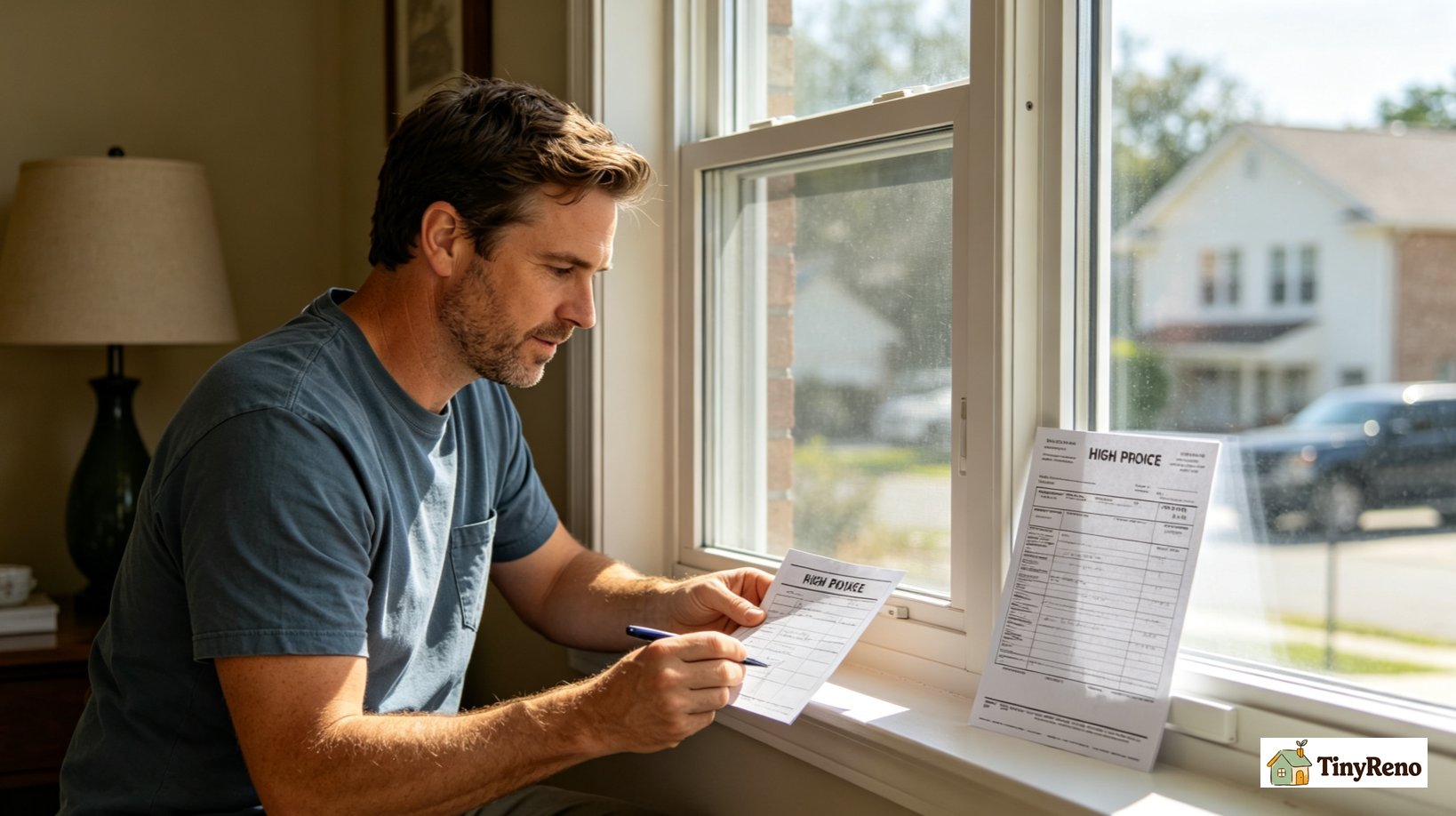 Renter reviewing window test results, deciding whether replacement is needed; contractor quote of $1200 placed beside the window, showing the high cost of unnecessary window replacement.