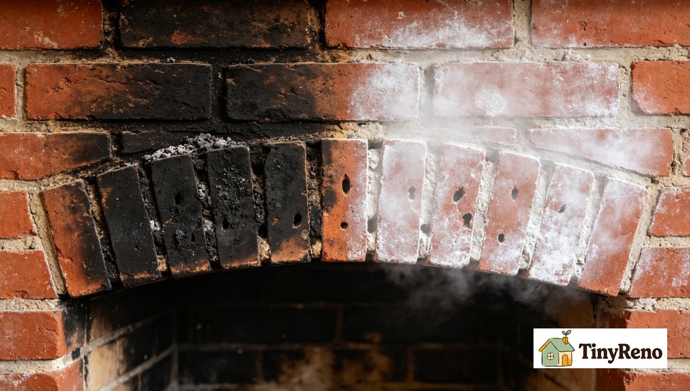 Close-up brick fireplace, side-by-side test patch: original black soot; same brick after vinegar treatment with chalky white calcium acetate haze.