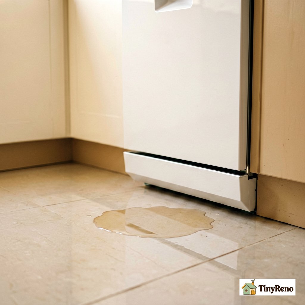 Close-up of a puddle on the kitchen tile directly under a closed dishwasher door showing where water pools at the bottom seal