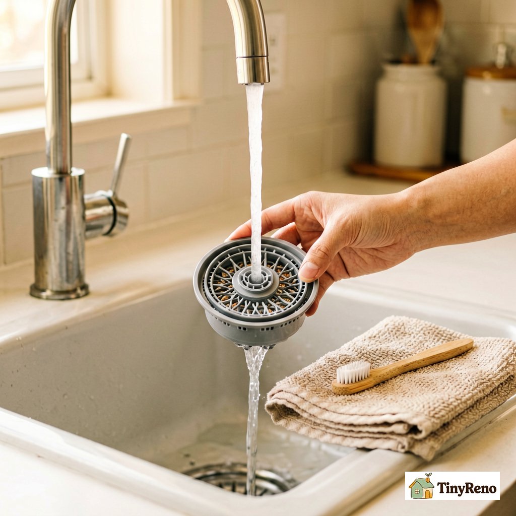 Dishwasher filter removed and rinsed under a faucet with an old toothbrush scrubbing the mesh and surrounding housing to remove the food paste that breeds odor-causing bacteria