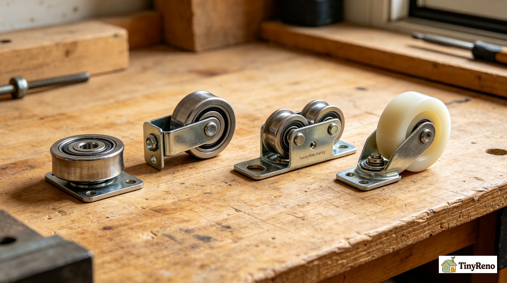 Compare four patio door roller types: standard steel, sealed bearing, tandem, and nylon, in a side-by-side cross-section showing the bearing style of each