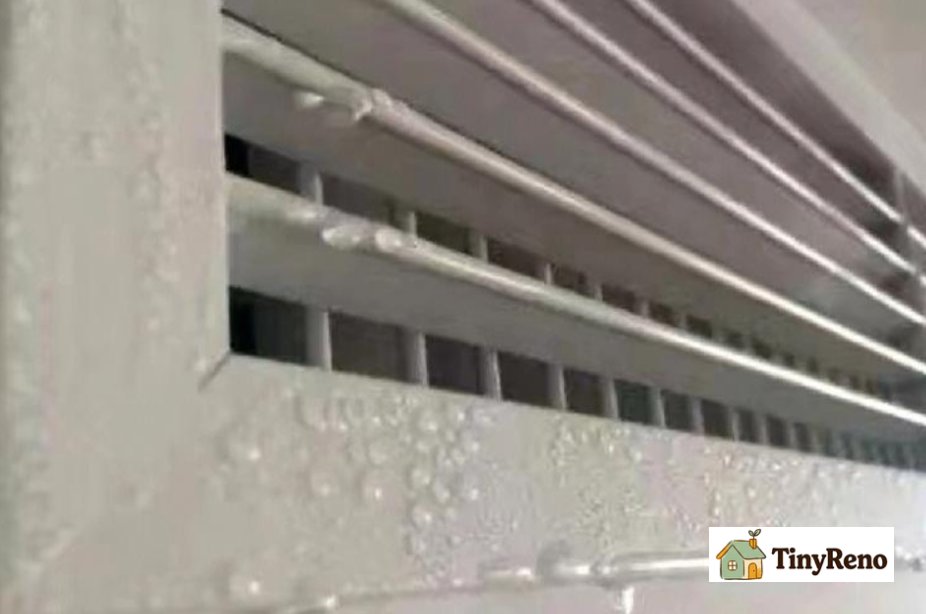 Step-by-step diagnostic comparison of three ceiling vent covers showing condensation beads, ceiling drip, and disconnected duct symptoms labeled by severity