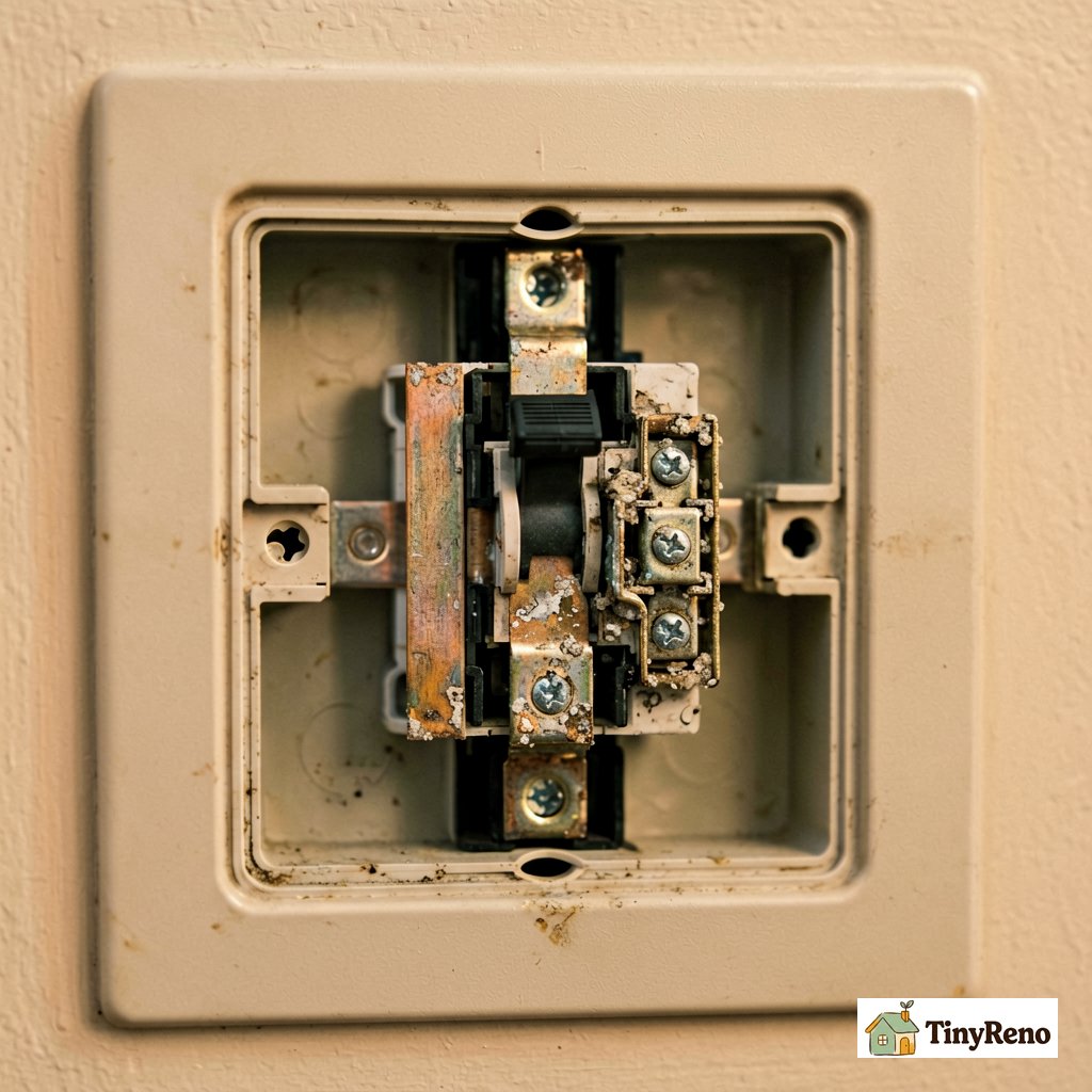Old residential circuit breaker removed from the panel showing the internal bimetallic strip and magnetic trip mechanism worn from years of use