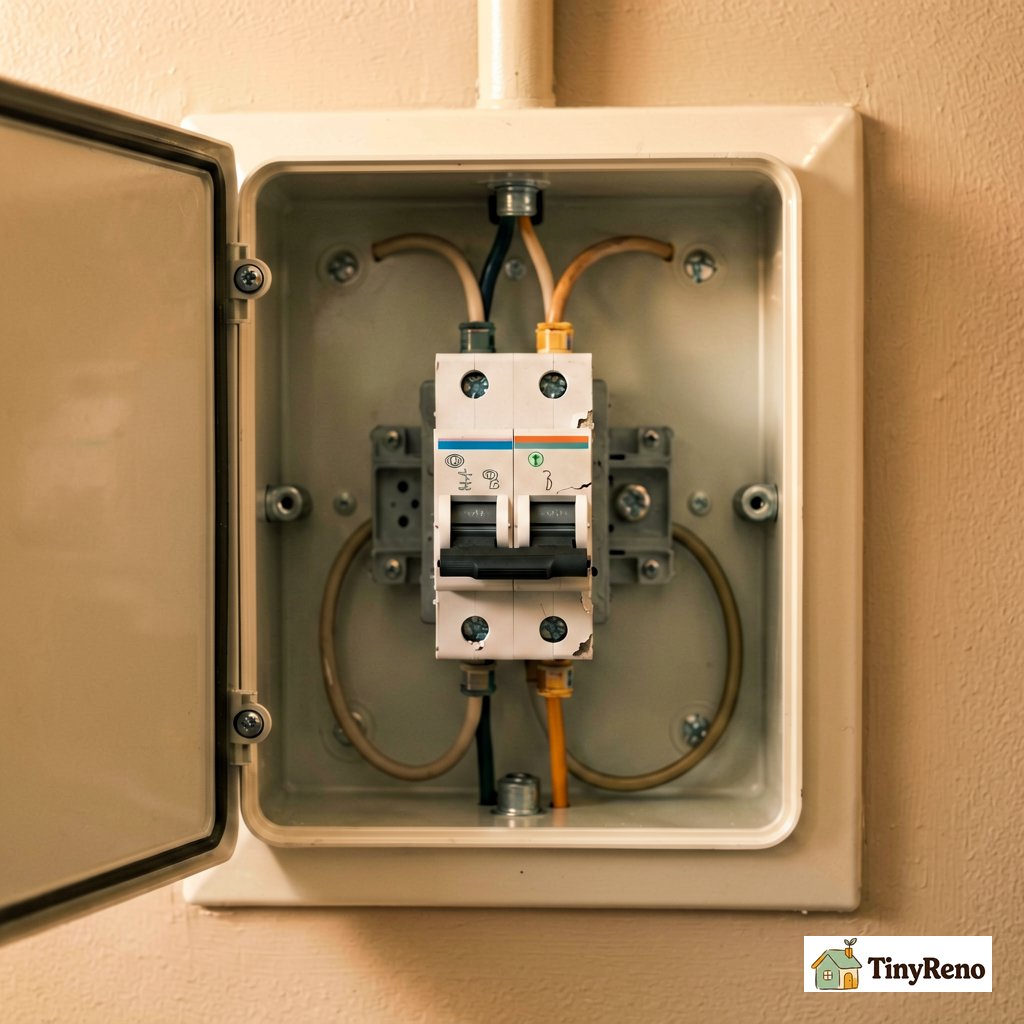 Open residential electrical panel showing a tripped double-pole breaker for the water heater circuit in the middle position between on and off