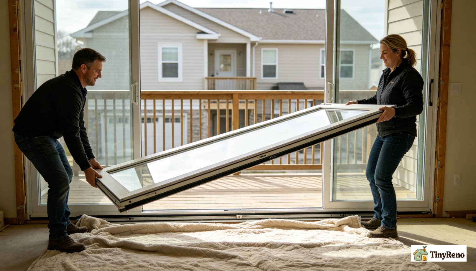 Two people lifting glass door off the aluminum track