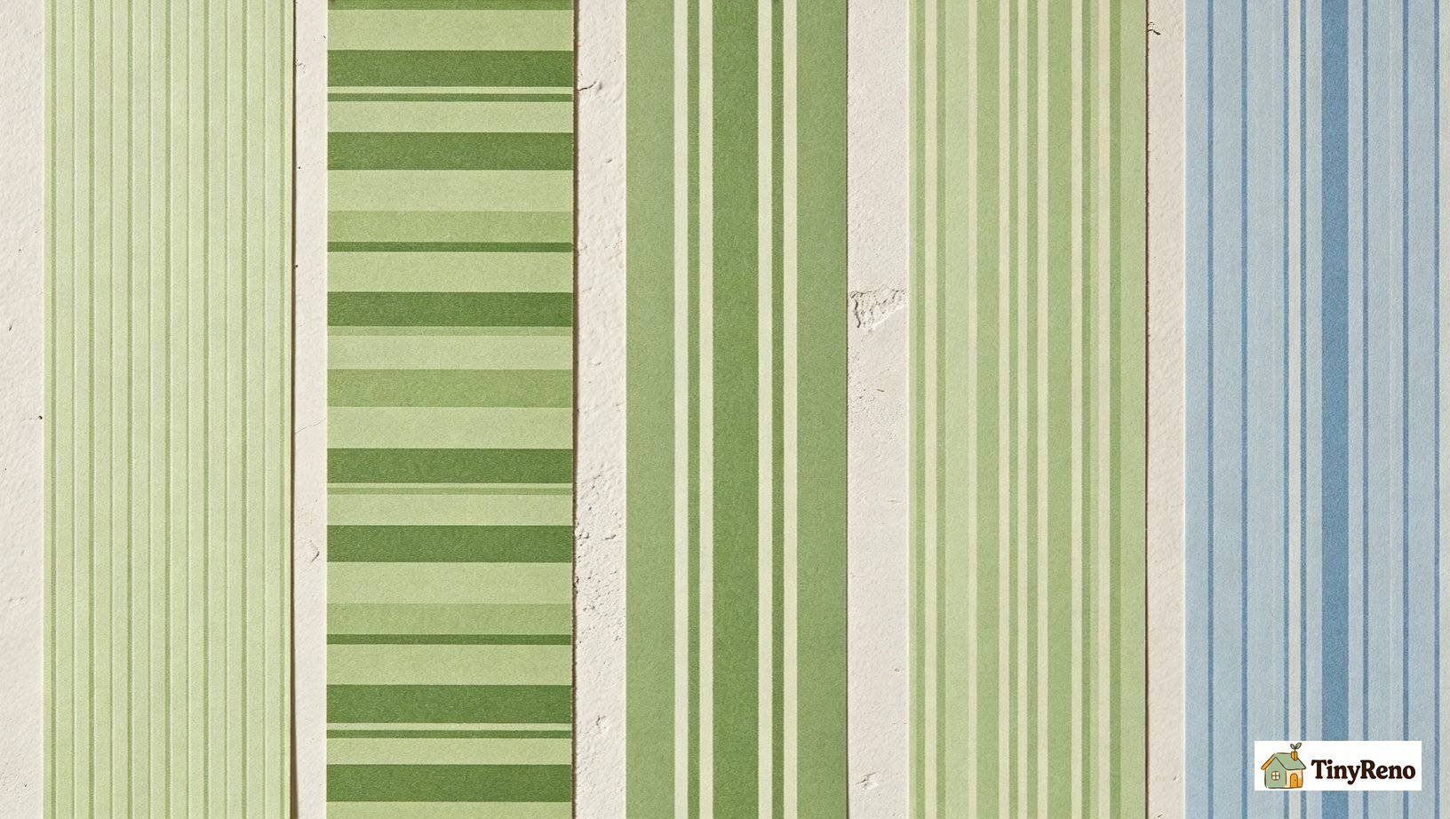 Side-by-side wall panels showing each friend’s green striped wallpaper: thin sage pinstripe, half-inch dual green band stripe, wide 2-inch cabana stripe, pre-pasted half-inch stripe, blue-toned thin pinstripe; different stripe widths and green shades on plaster and drywall surfaces.